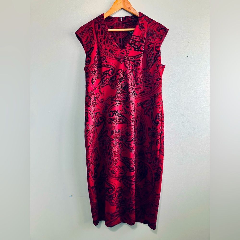 SL Fashions Red and Black Shift Dress with Velvet Texture Women Plus Size 14